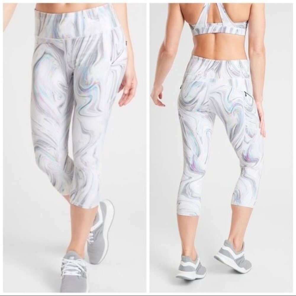 Athleta White Opal Swirl Contender PowerLift Capri Leggings Holographic Size S‎